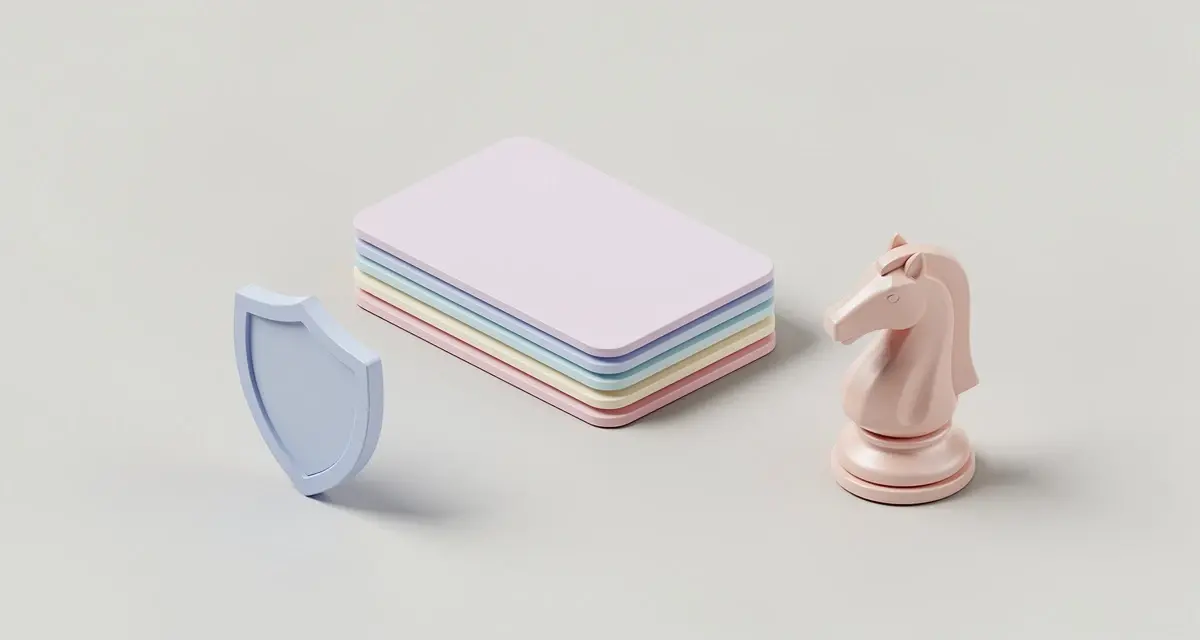 Isometric illustration of reference cards, a shield, and a chess piece representing sales battlecards and competitive strategy