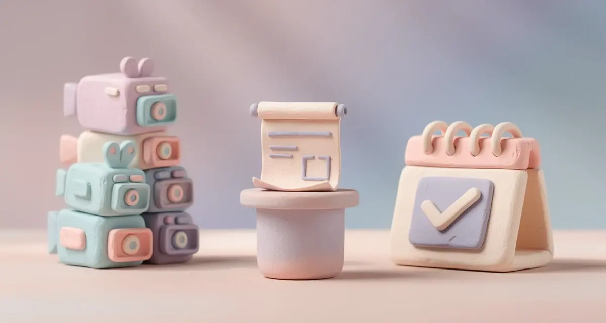 Claymation-style diorama of a sales kickoff scene with a podium, stacked video-camera icons, and a checklist calendar