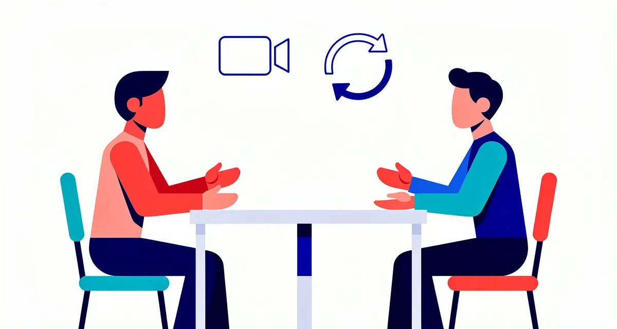 Two abstract figures practicing a sales roleplay conversation with a video camera icon representing recorded practice