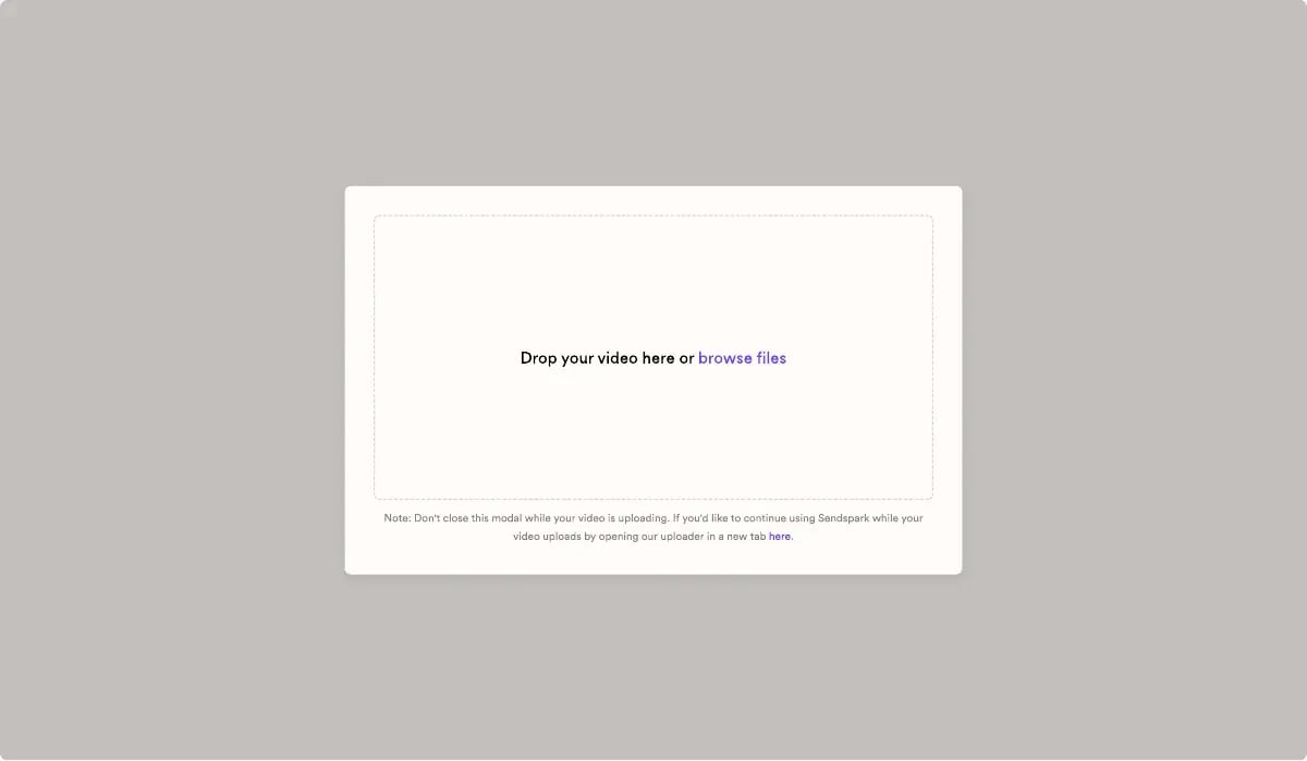 Sendspark dashboard showing the video upload interface for sharing large video files without email attachment limits