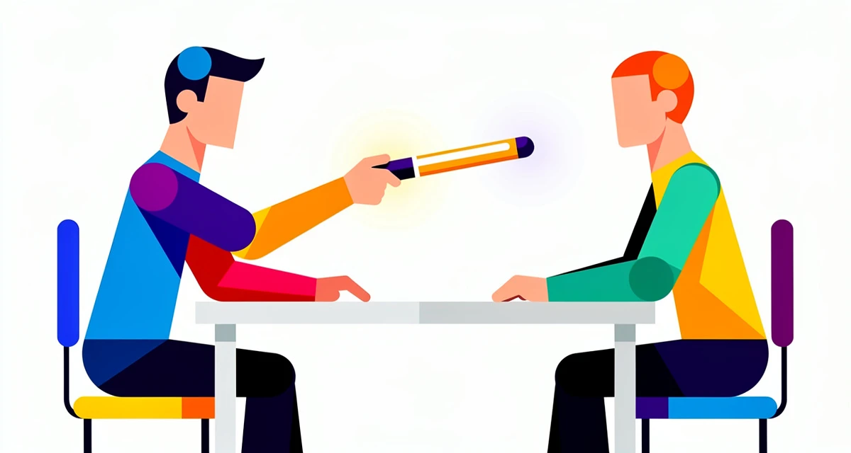 Flat vector illustration of two hands passing a glowing baton between abstract figures at a desk, symbolizing a sales handoff