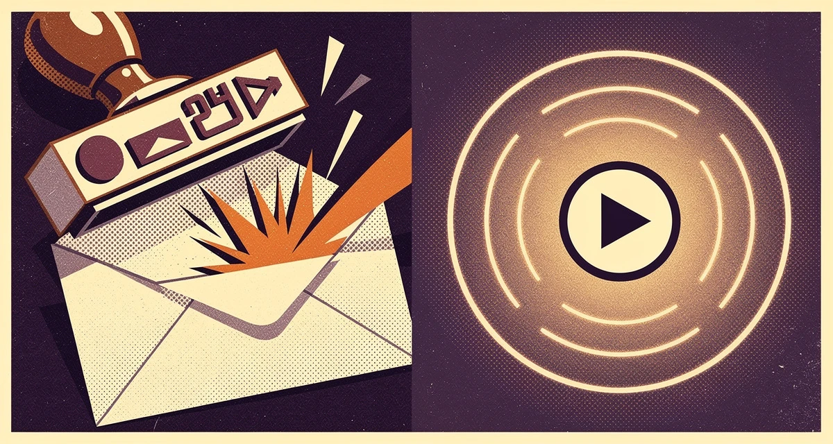 A vintage rejected-mail stamp hitting an envelope beside a glowing radar-style signal radiating from a video play button