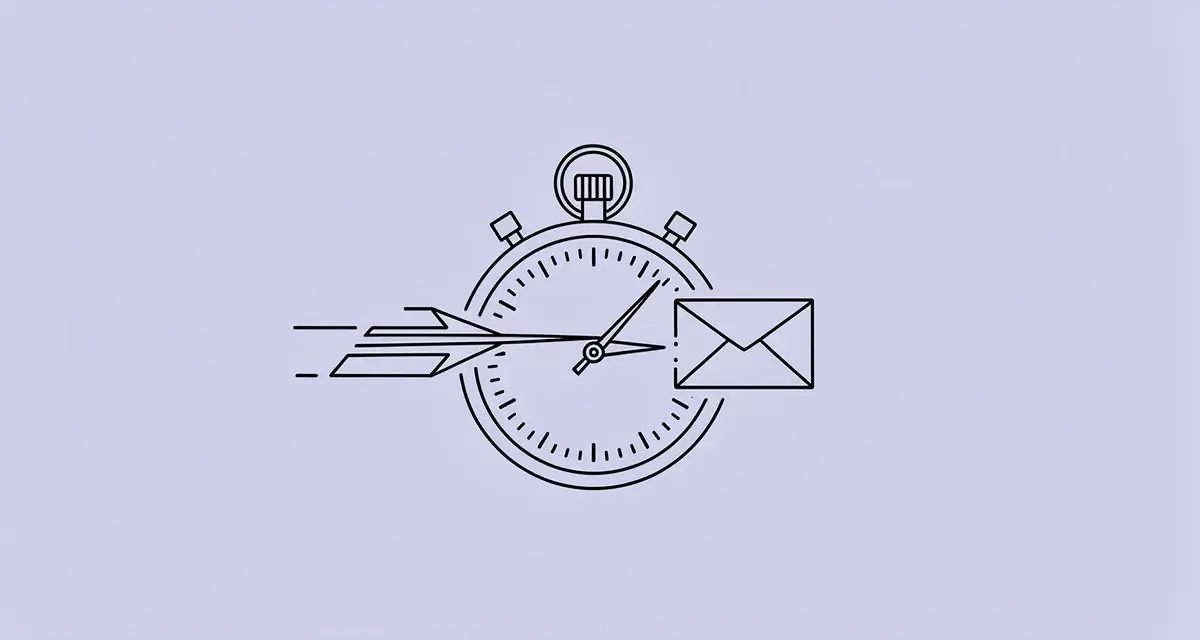 Line art of a stopwatch racing an envelope icon, representing fast B2B lead response time (speed to lead)