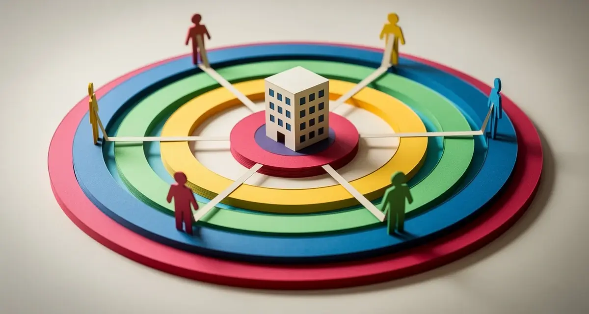 Paper craft diorama of a bullseye target map with stakeholder figures connected to a central building, representing strategic account planning
