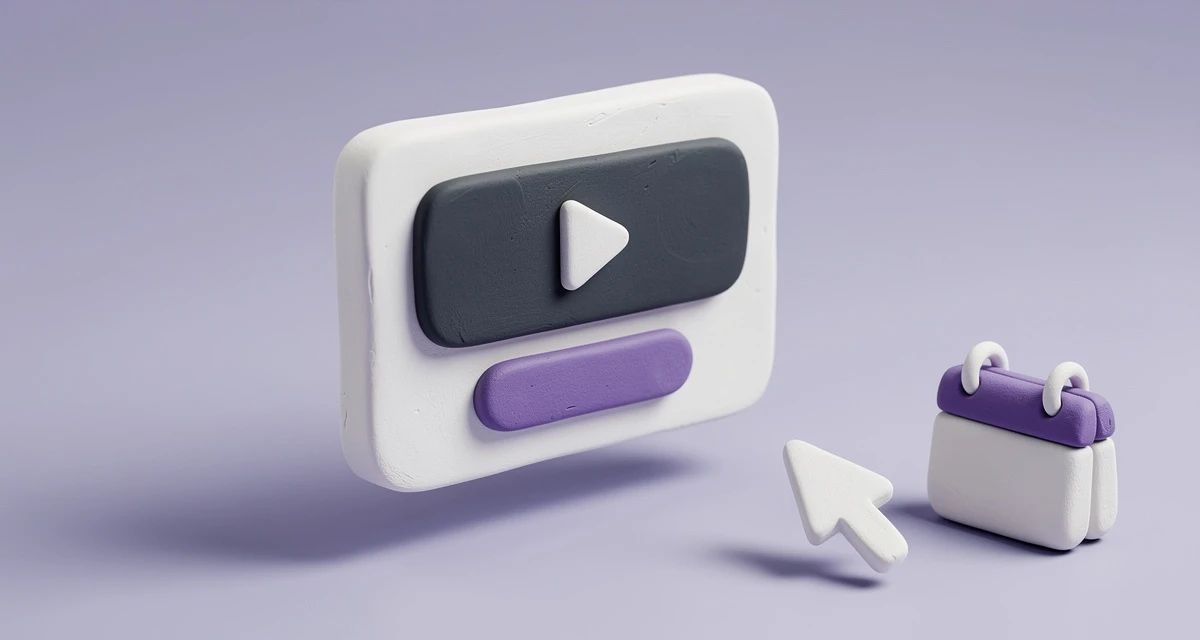Clay illustration of a video landing page with a play button, a call-to-action button, a cursor and a booking calendar