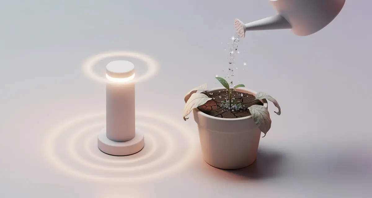 Isometric illustration of a dormant plant being revived beside a glowing signal, symbolizing a B2B win-back campaign reactivating a dormant account