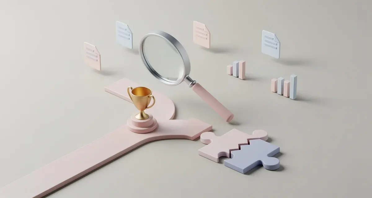Isometric illustration of a path forking toward a trophy and a cracked puzzle piece, with a magnifying glass examining both, representing win-loss analysis