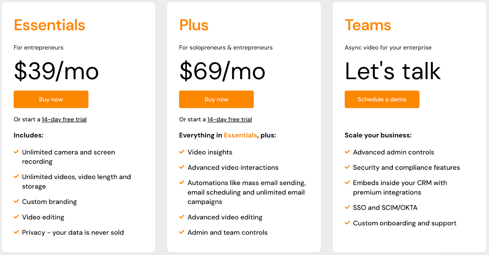 Side-by-side pricing comparison chart showing Loom and BombBomb subscription plans with monthly costs and key features listed