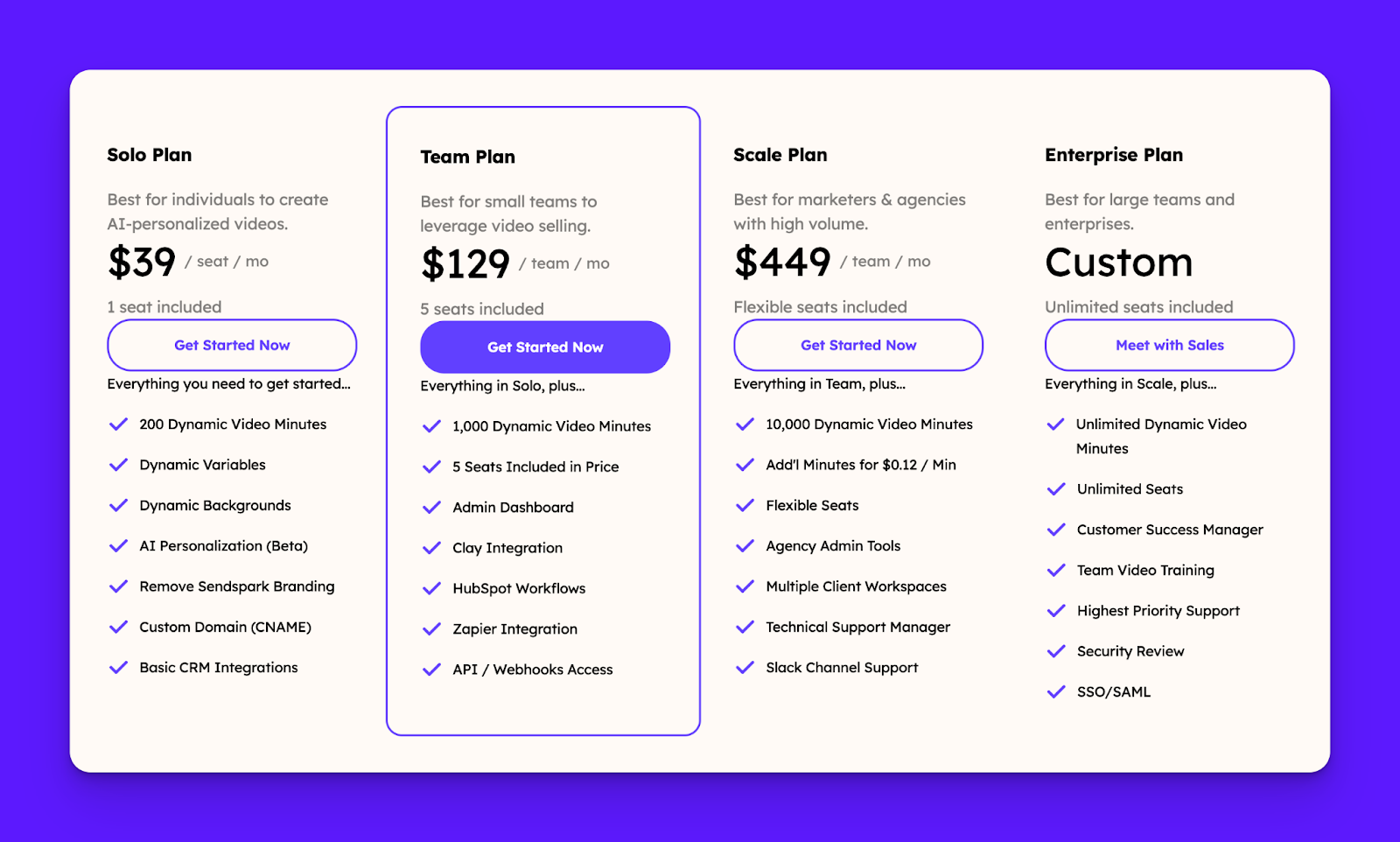 Sendspark video personalization software interface showing integration options with CRM and email platforms