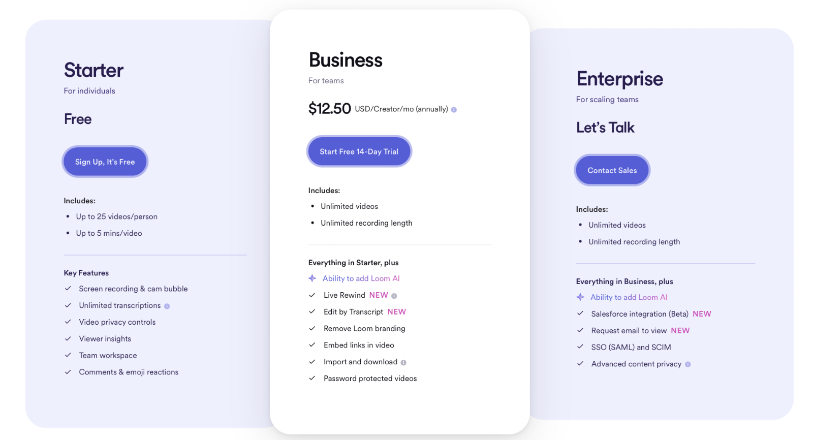 Pricing comparison table showing Loom vs. BombBomb vs. Sendspark subscription plans and costs