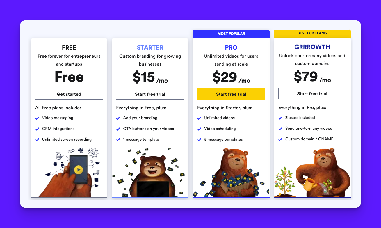 Bonjoro video personalization software interface showing CRM integrations and pricing plans for personalized video campaigns
