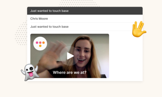 Video thumbnail with play button and caption overlay demonstrating Sendspark’s email marketing features