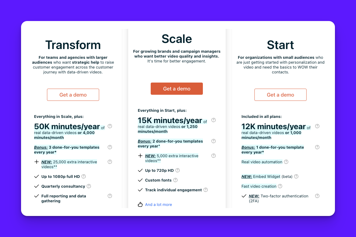 Video personalization software interface showing embed widget options and pricing plans starting at $169 per month