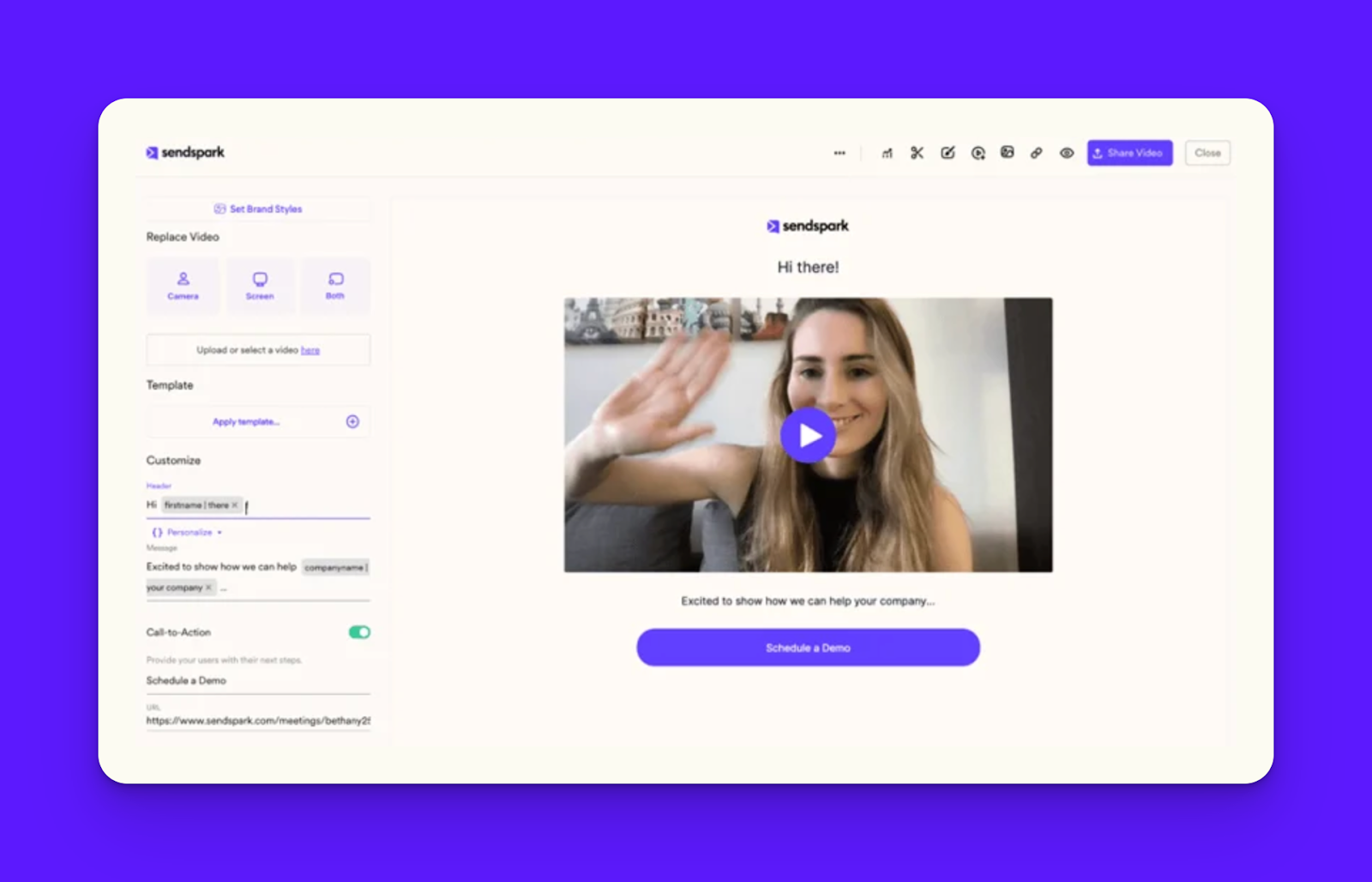 Video personalization software interface showing custom branding options, messaging fields, and calendar booking integration