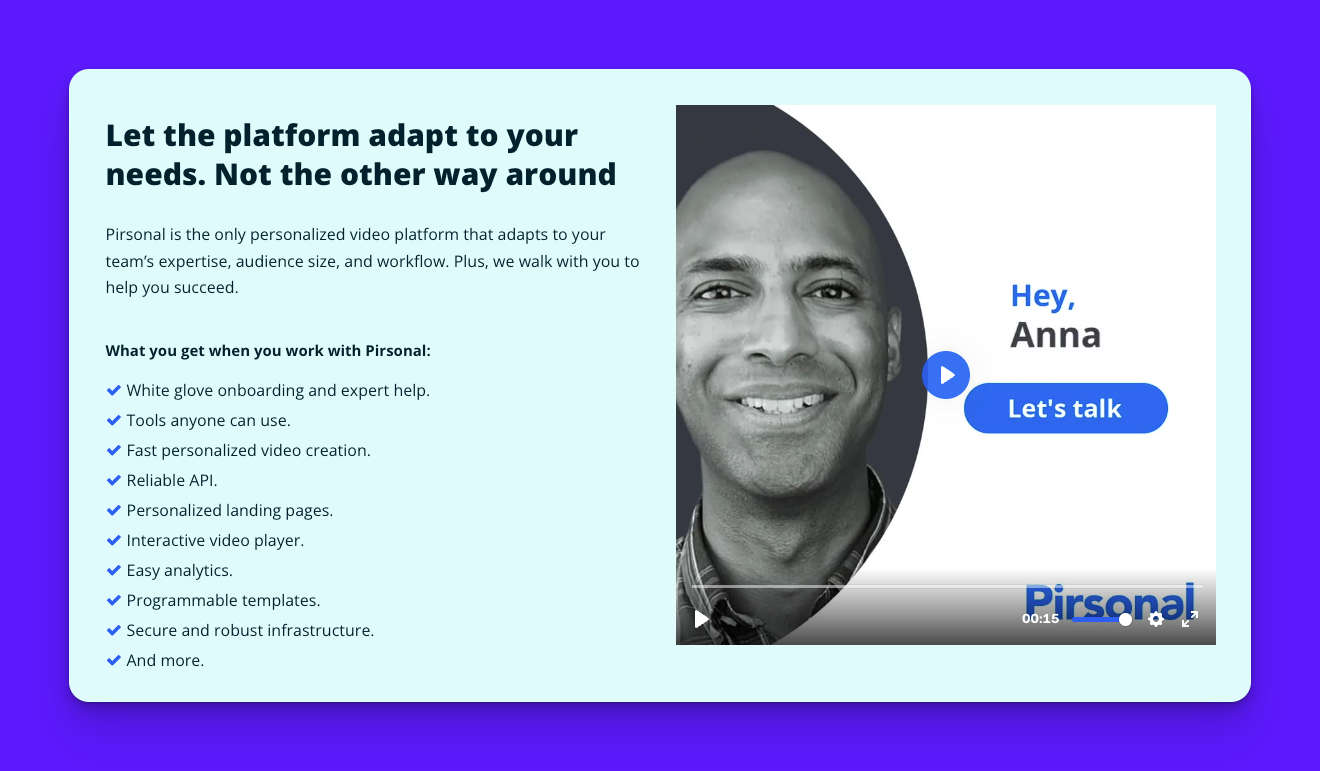 Screenshot of Pirsonal video personalization software interface showing marketing-focused features and tools