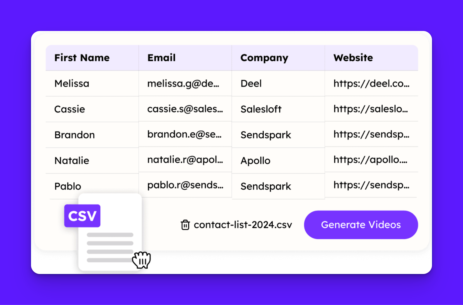 Sendspark video personalization software interface showing recipient upload options including manual entry, CSV, and CRM import