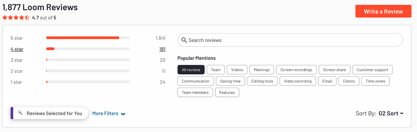 Side-by-side comparison showing G2 ratings for Loom and BombBomb video messaging platforms, both displaying 4.7 out of 5 stars