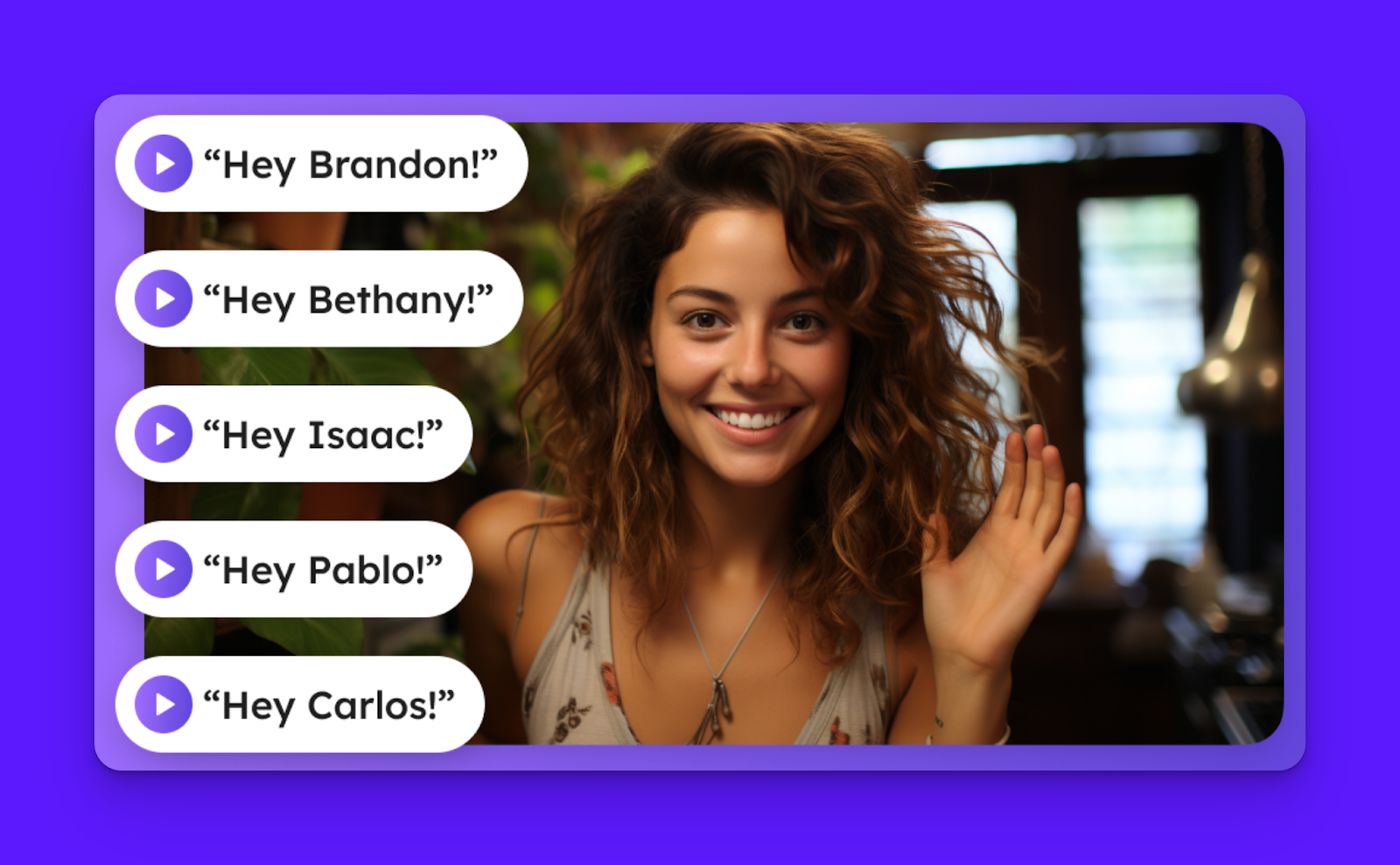 Video personalization software interface showing template customization with voice cloning name replacement feature