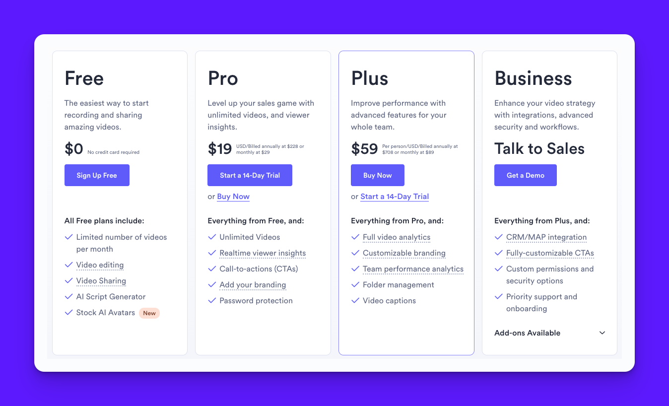 Screenshot of Vidyard’s AI avatar video creation interface showing personalization options and pricing plans