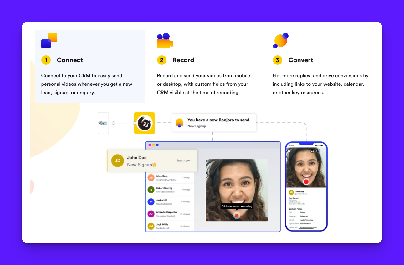 Bonjoro video personalization software interface showing product-led sales features and trial customer engagement tools
