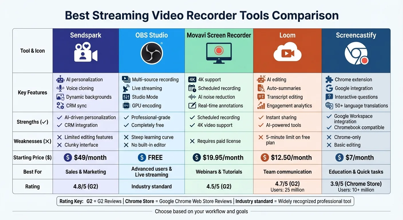 Comparison of Top 5 Streaming Video Recorder Tools: Features, Pricing, and Best Use Cases